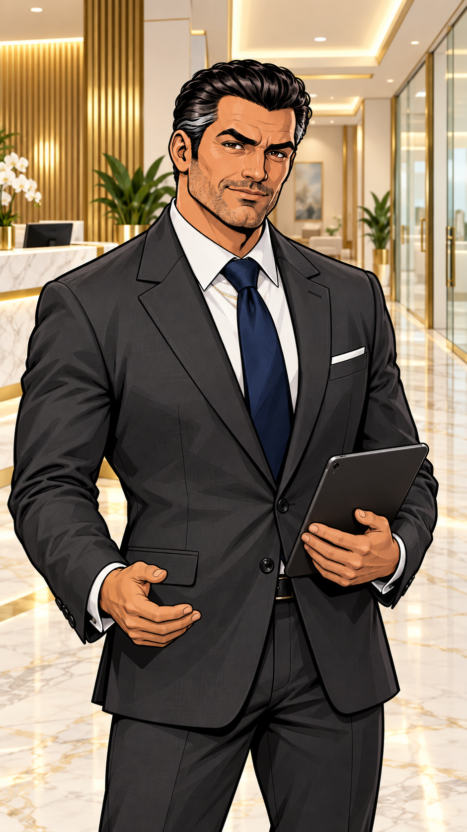 Paulie, the illustrated Bronx wiseguy, dressed in a charcoal suit and navy tie in a white and gold clinic